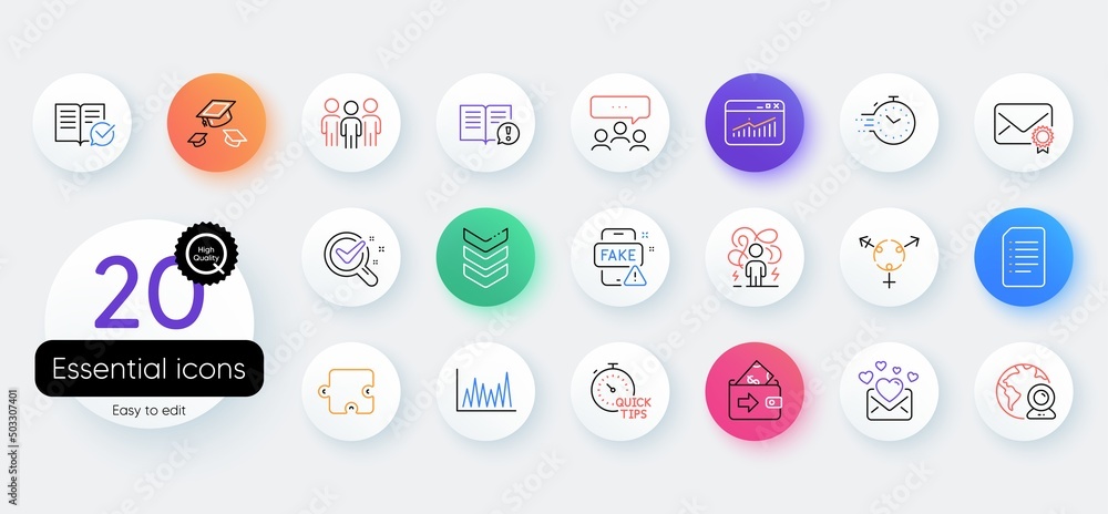Simple set of Website statistics, Video conference and Love mail line icons. Include Difficult stress, Puzzle, Shoulder strap icons. Meeting, Group, Approved documentation web elements. Vector Simple set of Website statistics, Video conference and Love mail line icons. Include Difficult stress, Puzzle, Shoulder strap icons. Meeting, Group, Approved documentation web elements. Vector