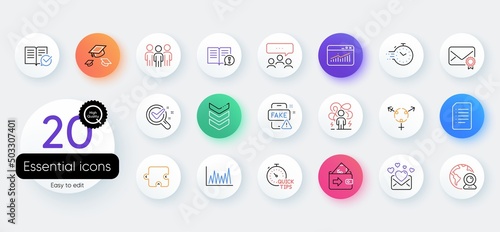 Simple set of Website statistics, Video conference and Love mail line icons. Include Difficult stress, Puzzle, Shoulder strap icons. Meeting, Group, Approved documentation web elements. Vector