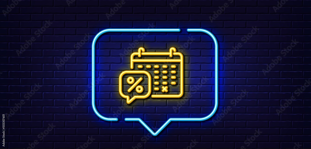 Neon light speech bubble. Discounts calendar line icon. Sale offer sign. Promotion price symbol. Neon light background. Discounts calendar glow line. Brick wall banner. Vector Neon light speech bubble. Discounts calendar line icon. Sale offer sign. Promotion price symbol. Neon light background. Discounts calendar glow line. Brick wall banner. Vector
