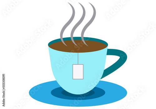 Taza azul con bebida caliente de infusión. 