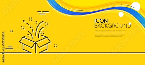 Gift box open line icon. Abstract yellow background. Christmas or New year presents sign. Surprise symbol. Minimal gift line icon. Wave banner concept. Vector