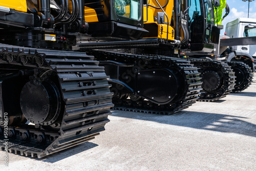 Construction excavator tracks close up