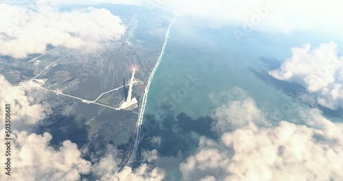 Launch of a space shuttle seen from airplane. Aerial View of Apollo, Saturn V and SpaceX. Daylight. Realistic cinematic 4k animation. Flying into sky with exhaust smoke and flames.