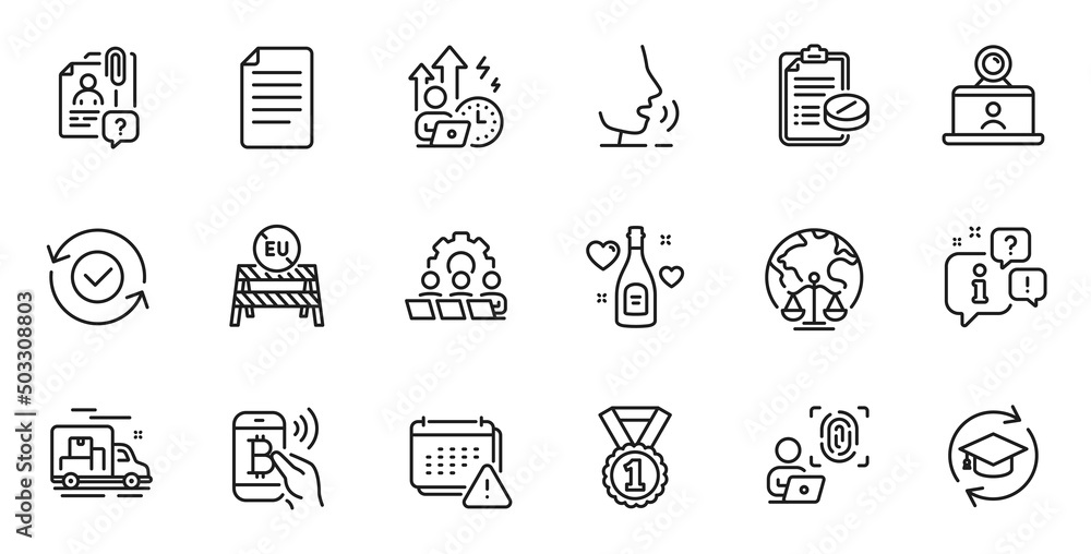 Outline set of Best rank, Computer fingerprint and Eu close borders line icons for web application. Talk, information, delivery truck outline icon. Vector