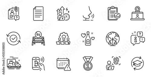Outline set of Best rank, Computer fingerprint and Eu close borders line icons for web application. Talk, information, delivery truck outline icon. Vector