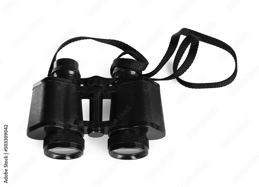 Modern binoculars isolated on white, above view Modern binoculars isolated on white, above view