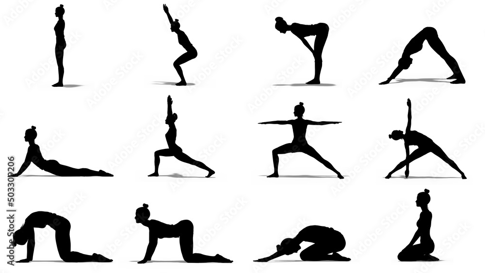 Woman Silhouette of 12 Yoga Side View Poses for Beginners on White
