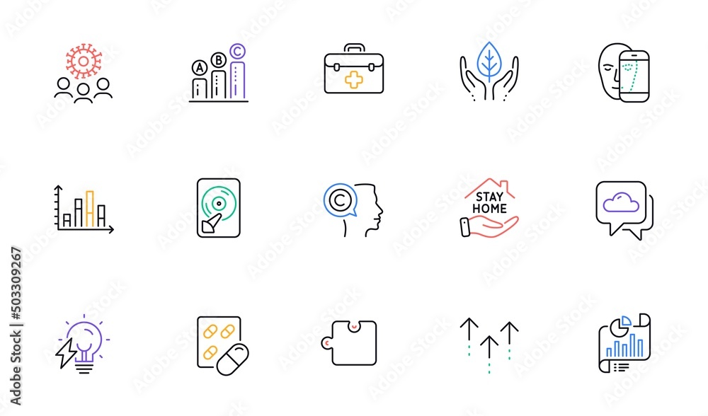 Capsule pill, Stay home and Coronavirus line icons for website, printing. Collection of Report document, Writer, Electricity bulb icons. Hdd, Fair trade, Graph chart web elements. Vector