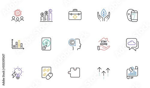 Capsule pill, Stay home and Coronavirus line icons for website, printing. Collection of Report document, Writer, Electricity bulb icons. Hdd, Fair trade, Graph chart web elements. Vector