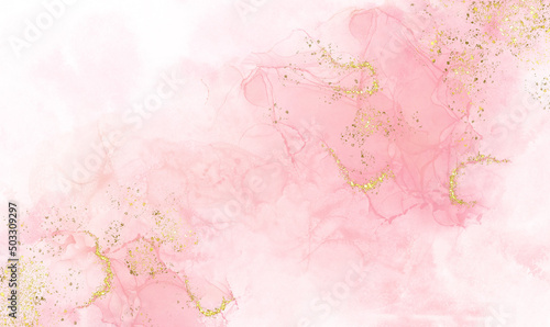 Abstract watercolor or alcohol ink art pink white background with golden crackers. Pastel pink marble drawing effect. llustration design template for wedding invitation,decoration, banner, background. © Deemerwha