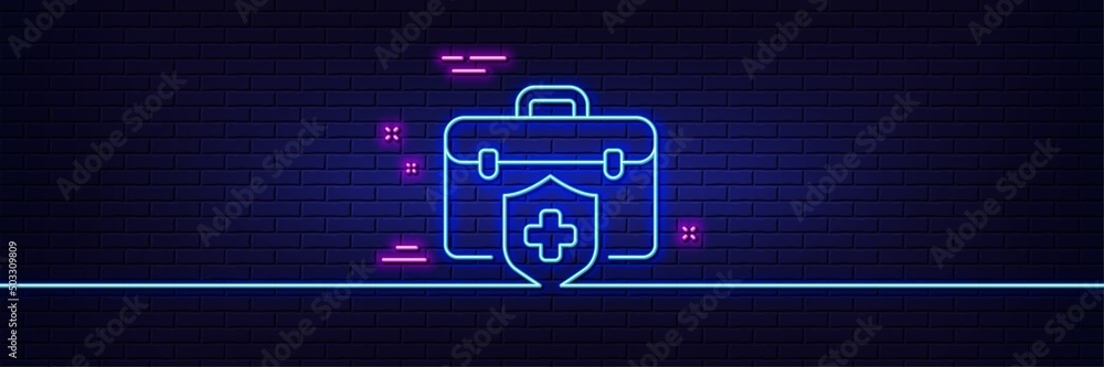 Neon light glow effect. Medical insurance line icon. Health coverage sign. Protection policy symbol. 3d line neon glow icon. Brick wall banner. Medical insurance outline. Vector Neon light glow effect. Medical insurance line icon. Health coverage sign. Protection policy symbol. 3d line neon glow icon. Brick wall banner. Medical insurance outline. Vector