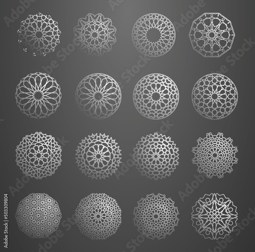 Islamic ornament vector, persian motiff. 3d ramadan islamic round pattern elements. Geometric circular ornamental arabic symbol vector. Gold background