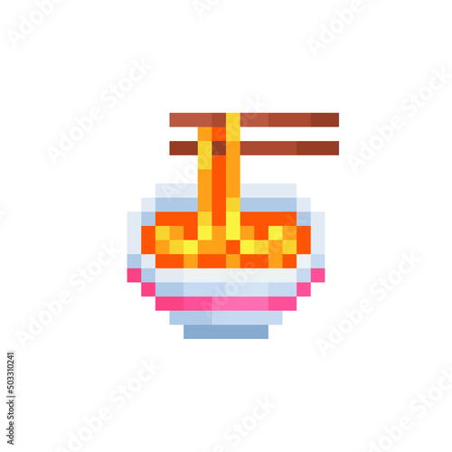 Noodle soup and chopsticks. Asian Food Logo. Pixel art icon. Sticker and mobile app design. 8-bit sprite. Isolated vector illustration.