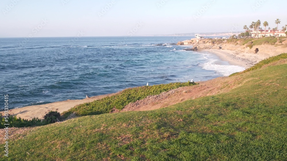 Ocean waves crashing on beach, sea water surface from above, eroded cliff of La Jolla shore, California pacific coast, USA. Seascape natural background. Erosion of bluff on coastline. Green grass lawn