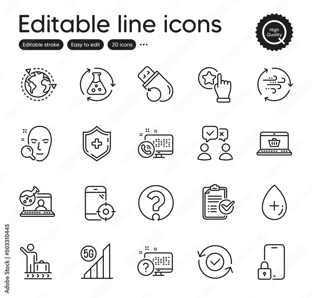 Set of Technology outline icons. Contains icons as Face search, Wind energy and Medical shield elements. Survey checklist, Online quiz, Rate button web signs. People voting, Lock. Vector