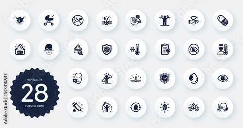 Set of Healthcare icons, such as Shield, Stress and Patient history flat icons. Face declined, Collagen skin, Face recognition web elements. Medical mask, Sick man, Farsightedness signs. Vector