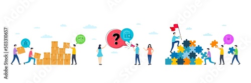 Accounting report, Puzzle and Presentation minimal line icons. People characters with puzzle, delivery parcel. Shoulder strap icons. For web, application, printing. Vector