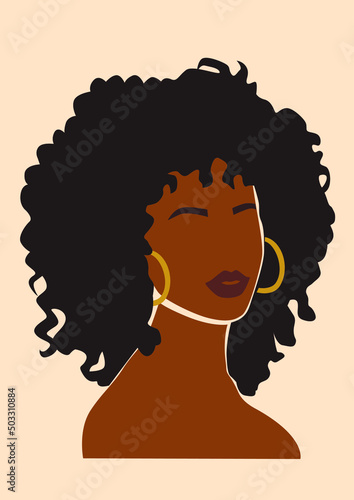 Black Afro Woman with Gold Earrings portrait and curly hair. Abstract Afro Portrait.