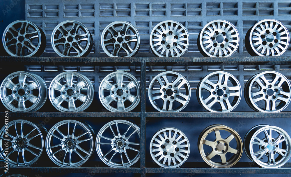 Rows of metal car disks in a shop Rows of metal car disks in a shop