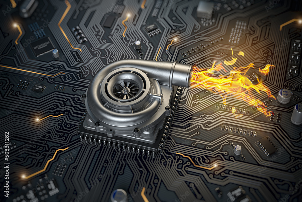 CPU microchip turbocharger with fire flame on computer motherboard
