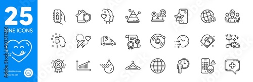 Outline icons set. Globe, Cloakroom and Engineering team icons. Pyramid chart, World weather, Home insurance web elements. Waiting, Truck parking, Honeymoon travel signs. Yummy smile. Vector