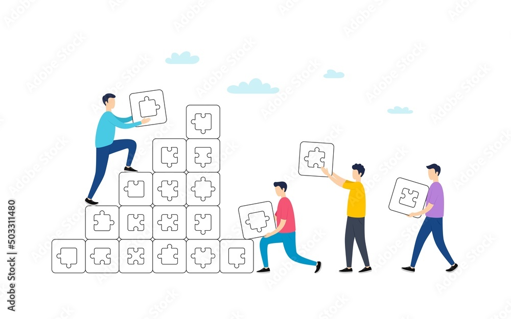 Fototapeta premium Puzzle line icons. People team work concept. Jigsaw Challenge, Strategy, Puzzle pieces icons. Fun solution, Solve piece of problem. Tests person ingenuity or knowledge. Vector