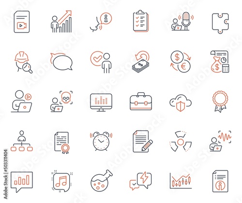Education icons set. Included icon as Musical note, Verification person and Financial diagram web elements. Certificate diploma, Lightning bolt, Puzzle icons. Technical info, Accounting. Vector