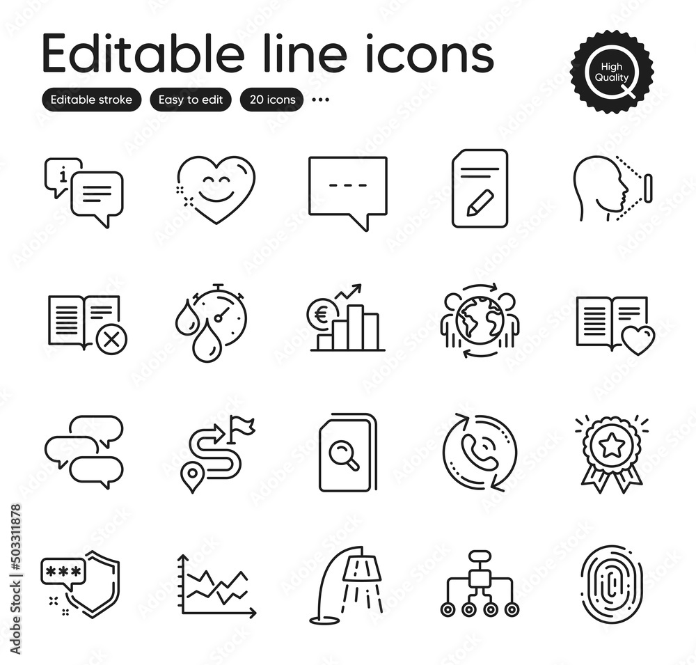 Set of Technology outline icons. Contains icons as Info, Restructuring and Reject book elements. Smile chat, Call center, Stand lamp web signs. Journey, Shield, Edit document elements. Vector Set of Technology outline icons. Contains icons as Info, Restructuring and Reject book elements. Smile chat, Call center, Stand lamp web signs. Journey, Shield, Edit document elements. Vector