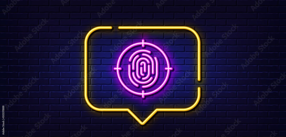 Neon light speech bubble. Fingerprint line icon. Finger print target sign. Biometric identity symbol. Neon light background. Fingerprint glow line. Brick wall banner. Vector Neon light speech bubble. Fingerprint line icon. Finger print target sign. Biometric identity symbol. Neon light background. Fingerprint glow line. Brick wall banner. Vector