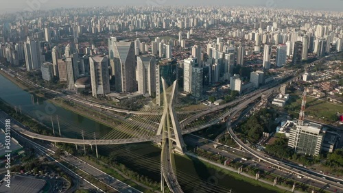 City River Buildings Bridge São Paulo Ponte Estaiada Aerial Drone Shot