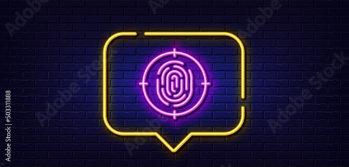 Neon light speech bubble. Fingerprint line icon. Finger print target sign. Biometric identity symbol. Neon light background. Fingerprint glow line. Brick wall banner. Vector