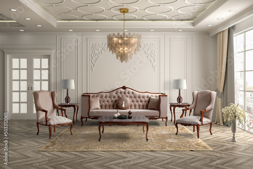 3D rendering of neoclassical living room interior. furniture set photo