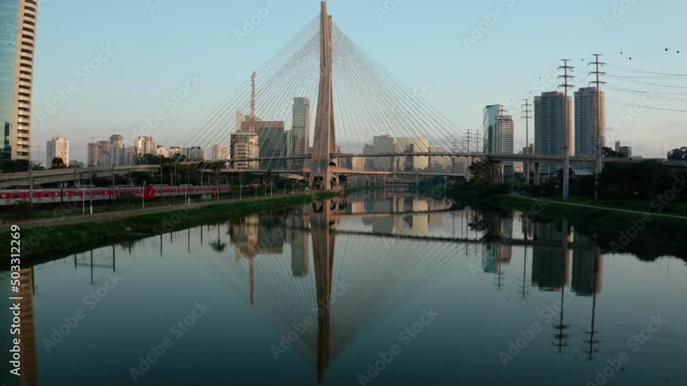 City River Buildings Bridge São Paulo Ponte Estaiada Aerial Drone Shot City River Buildings Bridge São Paulo Ponte Estaiada Aerial Drone Shot