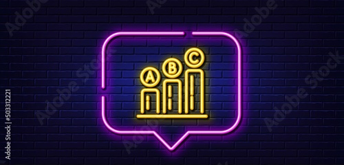 Neon light speech bubble. Graph line icon. Column chart sign. Ab test diagram symbol. Neon light background. Graph chart glow line. Brick wall banner. Vector