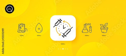 Prescription drugs, Vaccination schedule and Oil serum minimal line icons. Yellow abstract background. Leaves, Chemistry lab icons. For web, application, printing. Vector