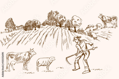 Hand drawing farmer vector. Farmer, cows, sheep and farm. Charcoal drawing vector illustration