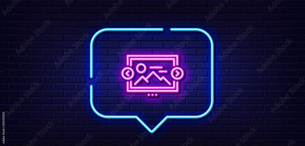 Neon light speech bubble. Image carousel line icon. Photo thumbnail sign. Album picture placeholder symbol. Neon light background. Image carousel glow line. Brick wall banner. Vector Neon light speech bubble. Image carousel line icon. Photo thumbnail sign. Album picture placeholder symbol. Neon light background. Image carousel glow line. Brick wall banner. Vector