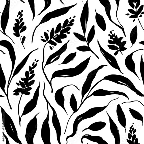 Seamless vector black floral pattern. Elegance background with flowers and wavy long leaves. Meadow and feminine motif. Retro style design for fashion , fabric, web, wallpaper ,wrapping 