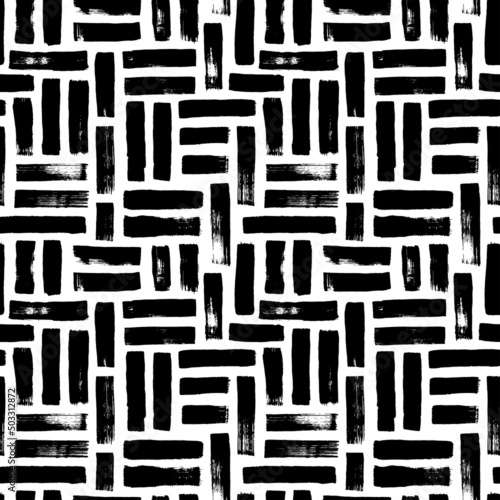 Striped seamless geometric patterns. Abstract vector background with maze mosaic texture. Hand drawn geometric mosaic with straight grunge lines. Brush stroke stripes with scribbles. Ink illustration