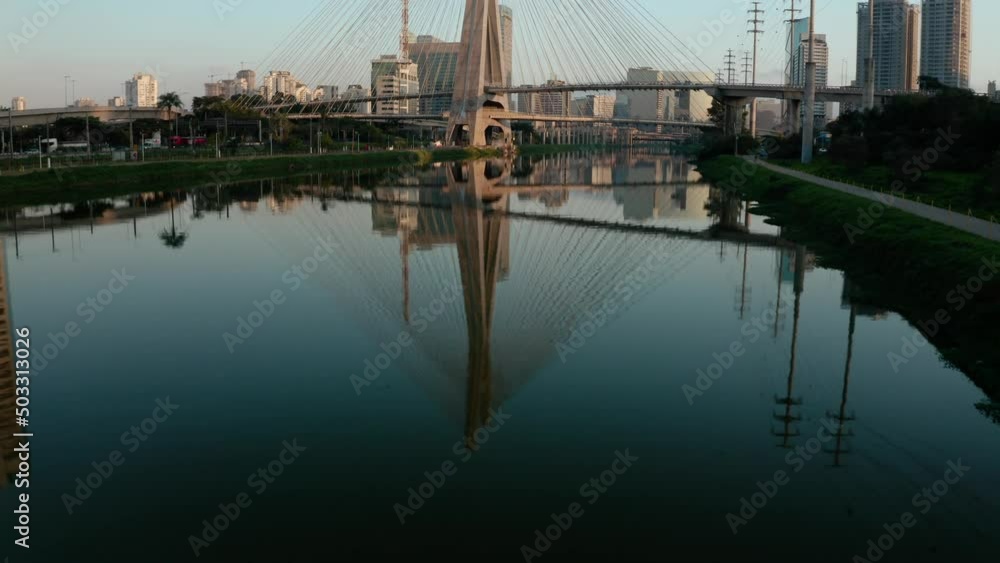 City River Buildings Bridge São Paulo Ponte Estaiada Aerial Drone Shot City River Buildings Bridge São Paulo Ponte Estaiada Aerial Drone Shot