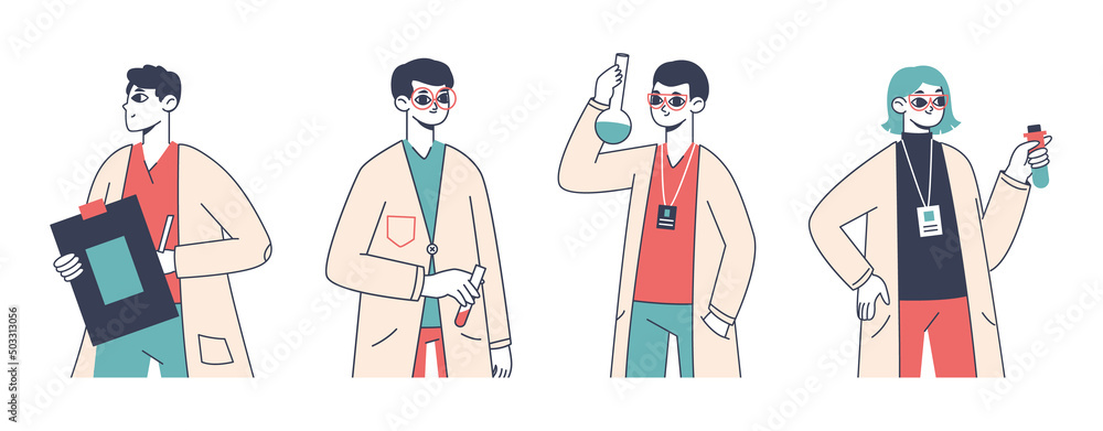 Outline scientist characters, young medical laboratory workers team. Biotechnology researching work group standing with test tubes vector symbols illustration set. Science lab employees Outline scientist characters, young medical laboratory workers team. Biotechnology researching work group standing with test tubes vector symbols illustration set. Science lab employees