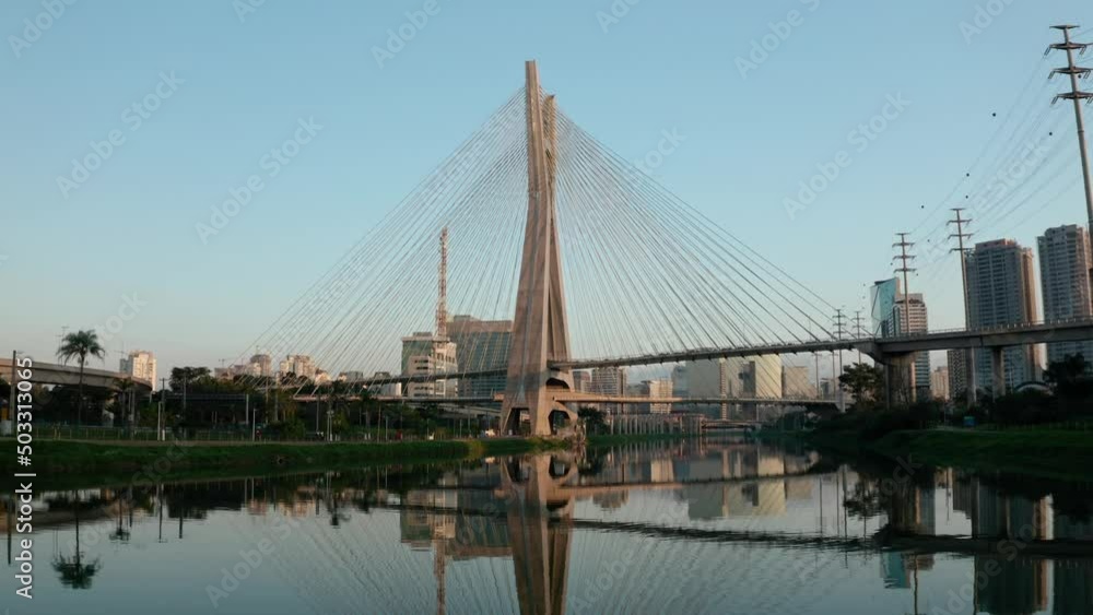 City River Buildings Bridge São Paulo Ponte Estaiada Aerial Drone Shot