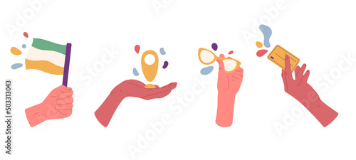 Hands holding traveling items, flag, sunglasses, pin and credit card. Cartoon human hands with different vector symbols. People holding in hands various items