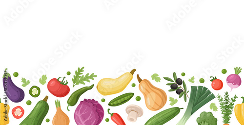 Harvesting fresh vegetables border, garden organic seasonal greens and veggies banner. Healthy food, summer season vegetables vector background illustration. Natural farm food seamless pattern