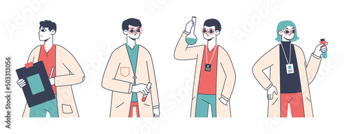 Outline scientist characters, young medical laboratory workers team. Biotechnology researching work group standing with test tubes vector symbols illustration set. Science lab employees