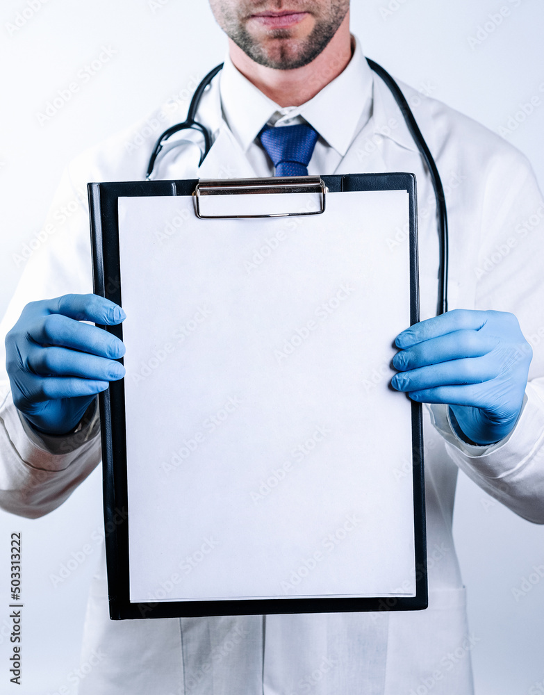 Doctor banner. Happy nurse in blue gloves, clipboard hospital wearing scrubs, provide checkup, examine patient in clinic. Medical care, insurance, prescription, paper work or career banner. Doctor banner. Happy nurse in blue gloves, clipboard hospital wearing scrubs, provide checkup, examine patient in clinic. Medical care, insurance, prescription, paper work or career banner.