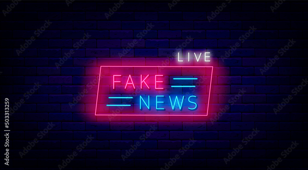 Fake news live neon signboard. False concept in frame. Media emblem. Promotion template. Vector illustration Fake news live neon signboard. False concept in frame. Media emblem. Promotion template. Vector illustration