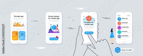 Artificial intelligence, Cloud share and Time management line icons for website, printing. Phone ui interface. Collection of Copy documents, Keywords, Phone survey icons. Vector