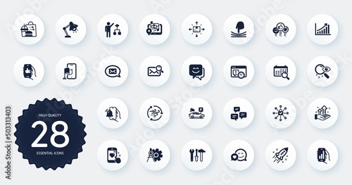 Set of Technology icons, such as Table lamp, Wind energy and Chat messages flat icons. Parking security, Like, Gps web elements. Elastic, Location app, Dating signs. Graph chart. Vector