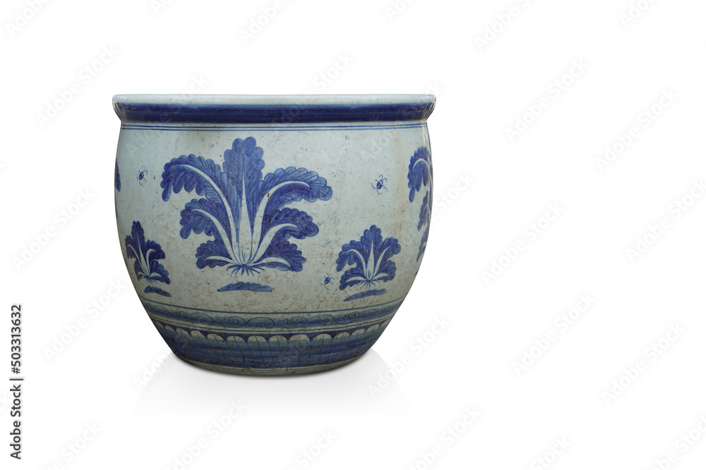 antique and old blue and white large ceramic pot on white background, vintage, object, gift, decor, copy space